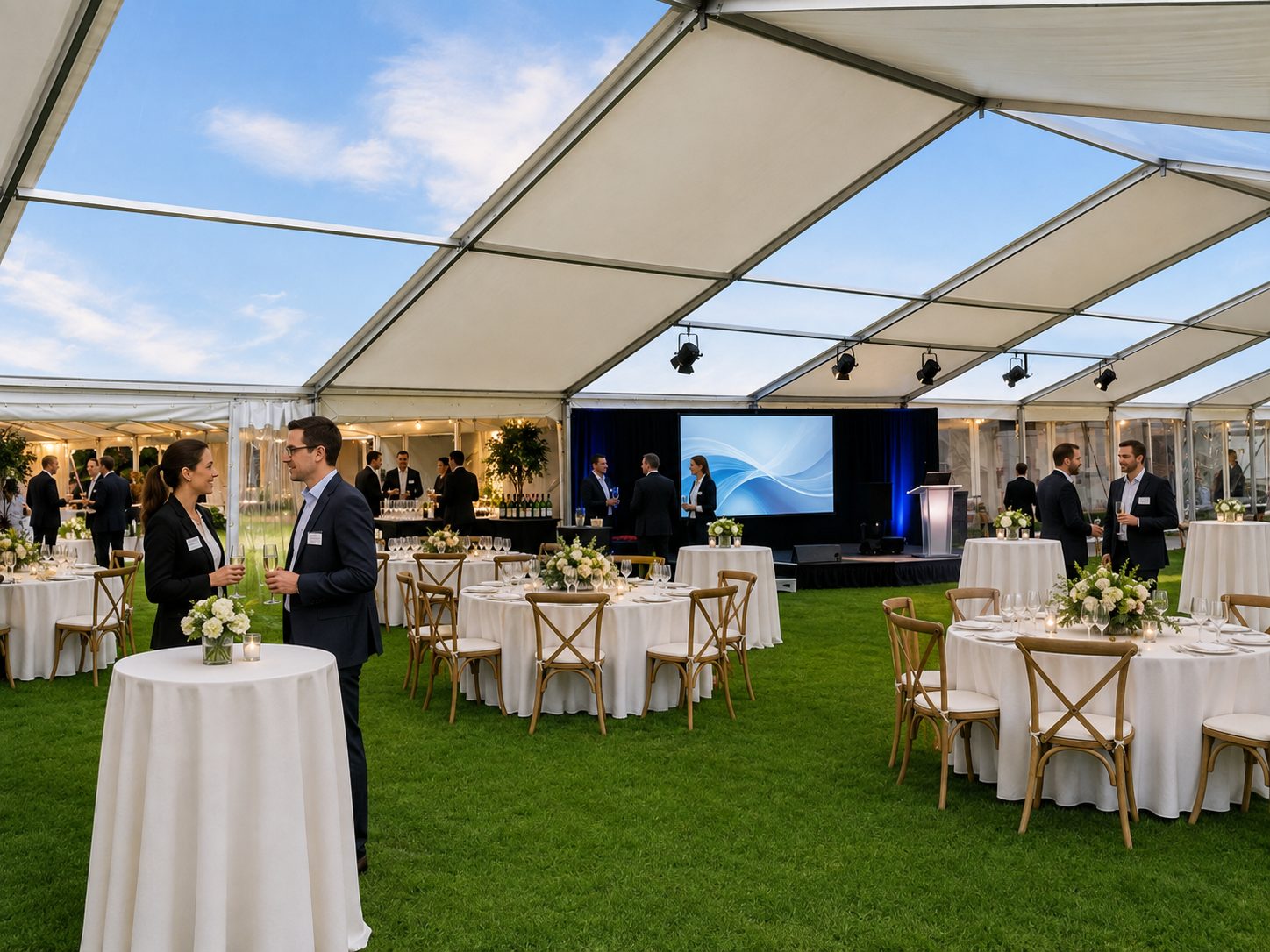 Round tables, cross-back chairs, linen and glassware set out under a marquee