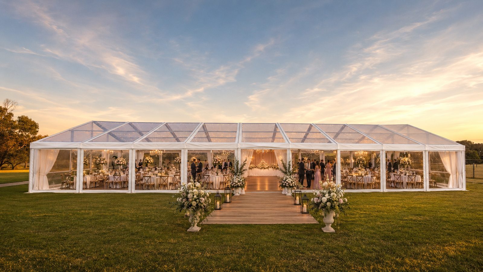 Clearspan pavilion with a clear roof set up on grass, open end facing a timber walkway