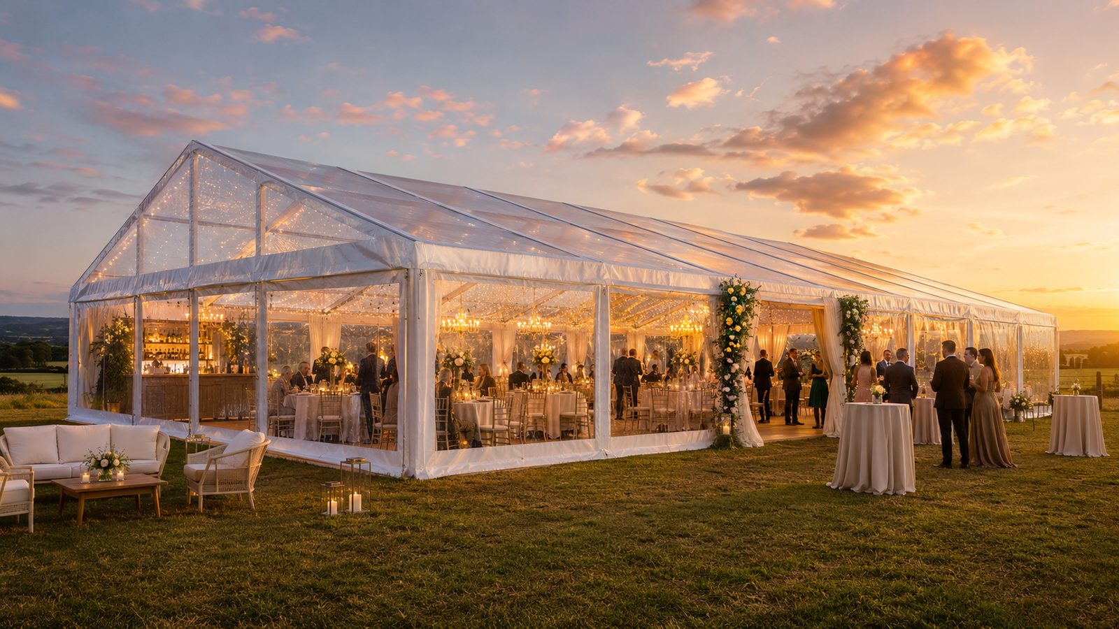 Wedding reception under a clear-roof marquee at sunset, lit inside with guests and a bar